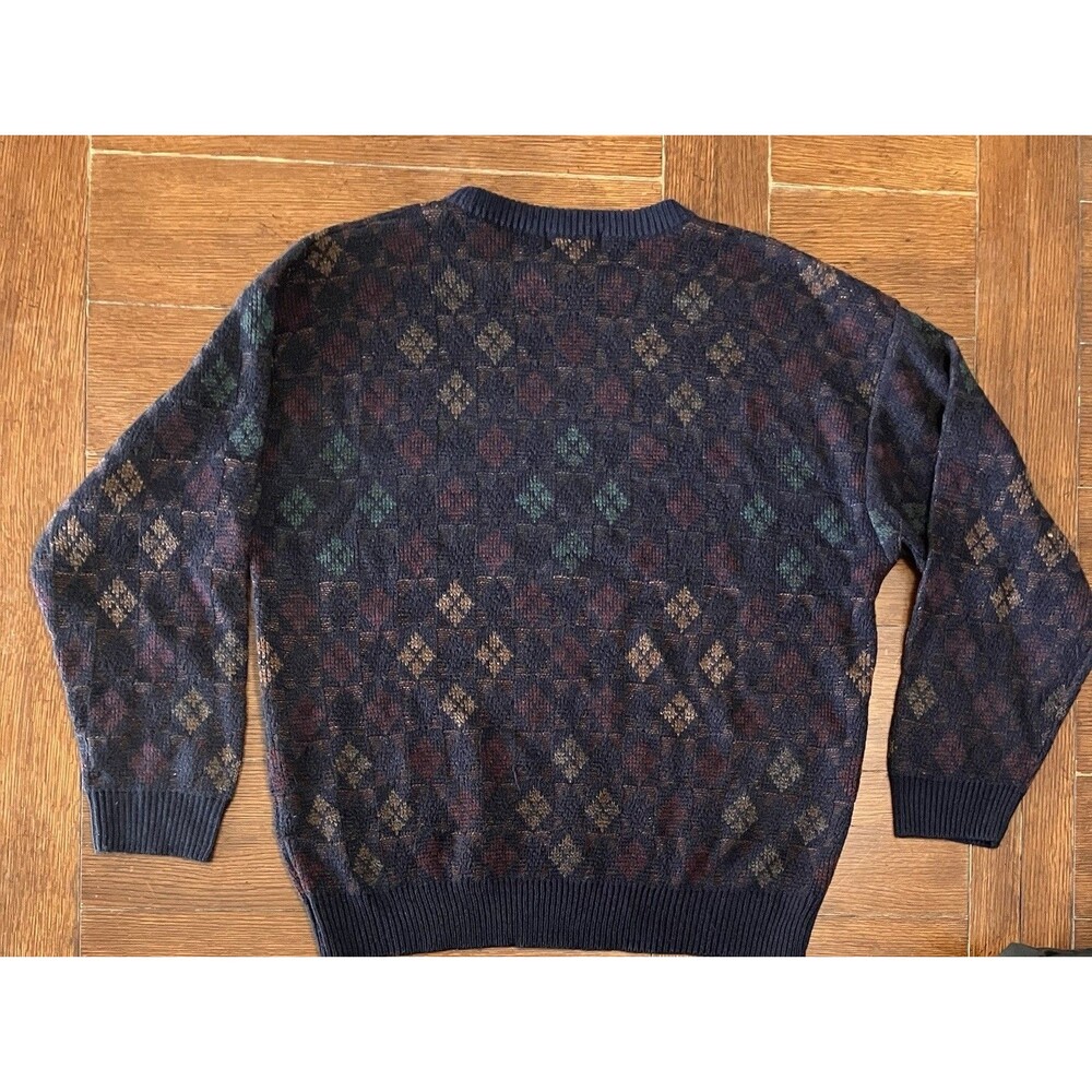Vintage Towncraft Men’s Size L Navy Multi Colored Grandpa Sweater Crewneck - Picture 3 of 3